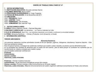 DISEÑO DE TRABAJO SIMULTANEO N° 47

1 DATOS INFORMATIVOS:
1.1 INSTITUCIÓN EDUCATIVA: Escuela Leónidas García
1.2 ALUMNO/ MAESTRO: Byron Castro
1.3 PROFESOR/A SUPERVISOR/A:Lic. Hugo Toapanta
1.4 FECHA DE REALIACIÓN: 23 de Noviembre del 2011
1.5 UBICACIÓN:
1.5.1 PROVINCIA: Carchi
1.5.2 CANTÓN: Tulcán
1.5.3 PARROQUIA: Julio Andrade
1.5.4 COMUNIDAD: San José del Troje

2 DATOS CURRICULARES:
2.1 AREA: Entorno Natural y Social – Ciencias Naturales
2.2 BLOQUE CURRICULAR: Los alimentos - La Tierra un planeta con vida
2.3 EJE DE APRENDIZAJE: Buen Vivir - Los individuos interactúan con el medio y conforman la comunidad biológica
2.4 TEMA: Alimentos Nutritivos – Climas y Productos de la Amazonía e Insular
3 INFORMACIÓN CIENTÍFICA

TERCER AÑO BÁSICO
                                                         Alimentos Nutritivos
Las personas realizamos muchas actividades durante el día por ejemplo: jugamos, trabajamos, estudiamos, hacemos deporte .- Esto
hace que perdamos energía
Para recuperar fuerzas y conseguir las sustancias nutritivas que nuestro cuerpo necesita, es preciso que los alimentemos bien
En la actualidad hay variedad de alimentos pero no todos son tan buenos para la salud porque no contienen los nutrientes que se
transformarán en materia y energía para nuestro cuerpo
Las principales sustancias nutritivas son:
Proteínas
Carbohidratos
Grasas y aceites
Vitaminas y sales minerales

Proteínas.- Forman nuestros músculos
Carbohidratos.- Se las denomina energéticas porque dan energía
Grasas y aceites.-Proveen energía y calor la encontramos en el aceite vegetal
Vitaminas y sales minerales.- Mejoran el funcionamiento de nuestro organismo además la encontramos en frutas y las verduras
 