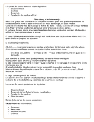 Las partes del cuento de hadas son las siguientes:
   - Situación Inicial
   - Conflicto
   - Desarrollo
   - Resolución del conflicto y Final

                                    El tió lobo y el sobrino conejo
Había una granja bien cultivada de un campesino honesto, quien notó que las legumbres de su
huerto estaban en ruina es decir destrozadas las hojas de lechuga , de coles y nabos
Ciero día el hortelano trato de investigar el motivo del daño.- Hizo su escondite en un lugar frondoso
de la finca y armando una trampa, consigiuió tomar prisionero al sobrino conejo.
El hortelano lleno de cólera, amarro por las patas del conejo y sujetándole contrá un árbol partio a
caldear un chuzo para sancionar al animal.

El conejo que esperaba este severo castigo esta impaciente, pero de prontyo se asoma su tío lobo
quien curioso le pregunta por su suerte

El astuto conejo le contesta;

¡Ah, tío!......... me amarraron para que asista a una fiesta en donde habrá baile, salchicha y buen
vinom pero como así esas cosasno me gustan prefiero que mecojan preso
   -   Que tonto eres, sobrino – - Contesto el lobo – Yo que ando sin comer, iría con gusto a ese
       banquete.
¡que bién! Dijo el conejo sabia que te gustaba y por eso te dedico este regalo
Bueno záfame estos amarres y aceptame el brindis de familia
El lobo no sedejó esperar abrió el cordel y puso en libertad al conejo luego el conejo amarro con la
misma piola a su tío
Gracias lobito bobito dijo el conejo sonriendo se despidió deseándole una buena fiesta
Minutos después llego el hortelano con el fierro caldeado y dijo: Ah ¿tu eres el conejo?, ¡Ahorá
fiegate por pendejo!

El fuego lacro las piernas del tío lobo
Los alaridos funescos podrían oírse hasta el lugar donde esta la mandíbula batiente su sobrino el
hortelano dio la libertad al lobo y o aconsejo de no volver por ese lugar

Las partes del cuento popular son las siguientes


   -   Situación Inicial
   -   Desarrollo del conflicto y la lección moralizadora
   -   Resolución del conflicto
   -   Final del cuento
Dentro de las partes del cuento popular son:
Situación inicial encontramos:
   -   Escenario
   -   Personajes
   -   Acciones iniciales
   -   Conflicto
 