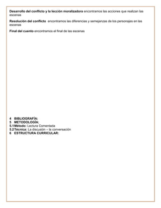 Desarrollo del conflicto y la lección moralizadora encontramos las acciones que realizan las
escenas
Resolución del conflicto encontramos las diferencias y semejanzas de los personajes en las
escenas
Final del cuento encontramos el final de las escenas




4 BIBLIOGRAFÍA:
5 METODOLOGÍA:
5.1 Método: Lectura Comentada
5.2 Técnica: La discusión – la conversación
6 ESTRUCTURA CURRICULAR:
 