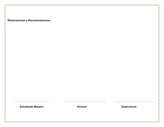 Observaciones y Recomendaciones:




     …………………………………..               …………………………………………..   …………………………………………

         Estudiante/ Maestro            Director          Supervisor/a
 