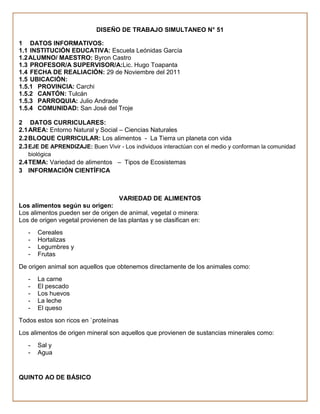 DISEÑO DE TRABAJO SIMULTANEO N° 51

1 DATOS INFORMATIVOS:
1.1 INSTITUCIÓN EDUCATIVA: Escuela Leónidas García
1.2 ALUMNO/ MAESTRO: Byron Castro
1.3 PROFESOR/A SUPERVISOR/A:Lic. Hugo Toapanta
1.4 FECHA DE REALIACIÓN: 29 de Noviembre del 2011
1.5 UBICACIÓN:
1.5.1 PROVINCIA: Carchi
1.5.2 CANTÓN: Tulcán
1.5.3 PARROQUIA: Julio Andrade
1.5.4 COMUNIDAD: San José del Troje

2 DATOS CURRICULARES:
2.1 AREA: Entorno Natural y Social – Ciencias Naturales
2.2 BLOQUE CURRICULAR: Los alimentos - La Tierra un planeta con vida
2.3 EJE DE APRENDIZAJE: Buen Vivir - Los individuos interactúan con el medio y conforman la comunidad
   biológica
2.4 TEMA: Variedad de alimentos – Tipos de Ecosistemas
3 INFORMACIÓN CIENTÍFICA



                                      VARIEDAD DE ALIMENTOS
Los alimentos según su origen:
Los alimentos pueden ser de origen de animal, vegetal o minera:
Los de origen vegetal provienen de las plantas y se clasifican en:
   -   Cereales
   -   Hortalizas
   -   Legumbres y
   -   Frutas
De origen animal son aquellos que obtenemos directamente de los animales como:
   -   La carne
   -   El pescado
   -   Los huevos
   -   La leche
   -   El queso
Todos estos son ricos en `proteínas
Los alimentos de origen mineral son aquellos que provienen de sustancias minerales como:
   -   Sal y
   -   Agua


QUINTO AO DE BÁSICO
 