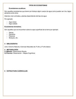 TIPOS DE ECOSISTEMAS
       Ecosistemas acuáticos:
Son aquellos ecosistemas que tienen por biotopo algún cuerpo de agua como pueden ser ríos, lagos
pántanos entre otros
Además viven animales y plantas dependiendo del tipo de agua
Por ejemplo:
   -   Agua dulce
   -   Agua salada
Ecosistemas terrestres;
Son aquellos que se encuentran sobre la capa superficial de la tierra por ejemplo:
   -   Selvas
   -   Deciertos
   -   Páramos
   -   Bosques, etc.


4 BIBLIOGRAFIA
Libro: Entorno Natural y Ciencias Naturales de 3º año y 5º año básico
5 METODOLOGÍA:
5.1 Método: Observación Directa
5.2 Técnica: Observación – Mapas Cognitivos




6 ESTRUCTURA CURRICULAR:
 