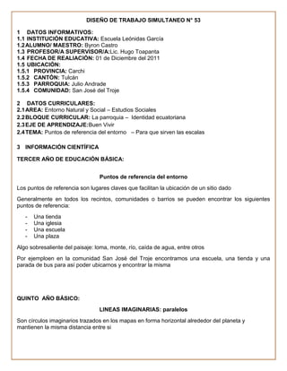 DISEÑO DE TRABAJO SIMULTANEO N° 53

1 DATOS INFORMATIVOS:
1.1 INSTITUCIÓN EDUCATIVA: Escuela Leónidas García
1.2 ALUMNO/ MAESTRO: Byron Castro
1.3 PROFESOR/A SUPERVISOR/A:Lic. Hugo Toapanta
1.4 FECHA DE REALIACIÓN: 01 de Diciembre del 2011
1.5 UBICACIÓN:
1.5.1 PROVINCIA: Carchi
1.5.2 CANTÓN: Tulcán
1.5.3 PARROQUIA: Julio Andrade
1.5.4 COMUNIDAD: San José del Troje

2 DATOS CURRICULARES:
2.1 AREA: Entorno Natural y Social – Estudios Sociales
2.2 BLOQUE CURRICULAR: La parroquia – Identidad ecuatoriana
2.3 EJE DE APRENDIZAJE:Buen Vivir
2.4 TEMA: Puntos de referencia del entorno – Para que sirven las escalas

3 INFORMACIÓN CIENTÍFICA

TERCER AÑO DE EDUCACIÓN BÁSICA:


                                 Puntos de referencia del entorno
Los puntos de referencia son lugares claves que facilitan la ubicación de un sitio dado
Generalmente en todos los recintos, comunidades o barrios se pueden encontrar los siguientes
puntos de referencia:
   -   Una tienda
   -   Una iglesia
   -   Una escuela
   -   Una plaza
Algo sobresaliente del paisaje: loma, monte, río, caída de agua, entre otros
Por ejemploen en la comunidad San José del Troje encontramos una escuela, una tienda y una
parada de bus para así poder ubicarnos y encontrar la misma




QUINTO AÑO BÁSICO:
                                 LINEAS IMAGINARIAS: paralelos
Son círculos imaginarios trazados en los mapas en forma horizontal alrededor del planeta y
mantienen la misma distancia entre si
 