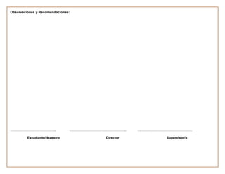 Observaciones y Recomendaciones:




…………………………………..                    …………………………………………..    …………………………………………

         Estudiante/ Maestro                  Director           Supervisor/a
 
