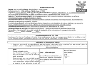Planificación didáctica
Escuela: Juan Escutia Practicante: González Rasura Evelyn Patricia.
Fecha de aplicación del 02 de Marzo al 13 de Marzo del 2015.
Asignatura: Ciencias Naturales Grado: 5to. Bloque: IV Nombre del Bloque: ¿Por qué se transforman las cosas? El movimiento de las
cosas, del sonido en los materiales, de la electricidad en un circuito y de los planetas en el Sistema Solar*
Estándar: 1°Conocimiento científico 1.9. Identifica algunos efectos de la interacción de objetos relacionados con la fuerza,
el movimiento, la luz, el sonido, la electricidad y el calor.
Propósitos de la educación básica: Desarrollen habilidades asociadas al conocimiento científico y sus niveles de representación e
interpretación acerca de los fenómenos naturales.
Propósitos de la educación primaria: Identifiquen algunas interacciones entre los objetos del entorno asociadas a los fenómenos
físicos, con el fin de relacionar sus causas y efectos, así como reconocer sus aplicaciones en la vida cotidiana.
Aprendizajes Esperados: Relaciona la vibración de los materiales con la propagación del sonido.
Competencias que se favorecen: Comprensión de fenómenos y procesos naturales desde la perspectiva científica.
Tema: ¿Cómo viaja el sonido? Contenido: Relación de la vibración de los materiales con la propagación del sonido.
Sesiones: ___1_____ tiempo estimado: _____60min__.
Actividades para empezar bien el día
Se colocarán los niños con la cabeza en la paleta de su mesabanco, con los ojos cerrados, y en una grabadora les pondré un sonido,
el cual al término tendrán que identificar de cual se trató, con el fin de que los niños aclaren su mente.
Exploración de conocimientos previos:
 Comenzaré preguntando al grupo ¿Saben lo que es el sonido? ¿Alguna vez lo han escuchado? ¿De qué manera? ¿Quién lo
produce? En base a estas preguntas se realizara una lluvia de ideas con los alumnos.
Secuencia didáctica
Inicio:
Tiempo estimado: 15min.
Una clase antes se les pedirá que traigan un
reloj con segundero y una regla de metal de
30cm. por pareja
Comenzaremos con una actividad la cual
llamaremos “Que tal tu oído” , por parejas y
con el material que se trajo un niño colocara
la regla en el oído del otro y el reloj al
¿Qué y cómo se evalúa?
Las manifestaciones del sonido que se
presentaron, mediante una reflexión
en su cuaderno(Tipo de texto oral y
escrito)
Recursos Didácticos
Regla de metal
Reloj
Cuaderno
Lápiz
 