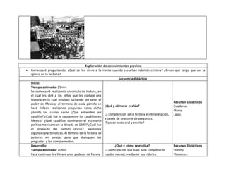 Exploración de conocimientos previos:
 Comenzaré preguntando: ¿Qué se les viene a la mente cuando escuchan rebelión cristera? ¿Creen qué tenga que ver la
iglesia en la historia?
Secuencia didáctica
Inicio:
Tiempo estimado: 25min.
Se comenzará realizando un circulo de lectura, en
el cual les diré a los niños que les contare una
historia en la cual estaban luchando por tener el
poder de México, al término de cada párrafo se
hará énfasis realizando preguntas sobre dicho
párrafo las cuales serán ¿Qué entienden por
caudillo? ¿Cuál fue la causa entre los caudillos en
México? ¿Qué caudillos dominaron el escenario
político mexicano en la década de 1920? ¿Cuál fue
el propósito del partido oficial?, Menciona
algunas características. Al término de la historia se
juntaran en parejas para que dialoguen las
preguntas y las complementen.
¿Qué y cómo se evalúa?
La comprensión de la historia e interpretación,
a través de una serie de preguntas.
(Tipo de texto oral y escrito?
Recursos Didácticos
Cuaderno.
Pluma.
Lápiz.
Desarrollo:
Tiempo estimado: 20min.
Para continuar les llevare unos pedazos de fommy
¿Qué y cómo se evalúa?
La participación que tuvo para completar el
cuadro mental, mediante una rúbrica.
Recursos Didácticos
Fommy.
Plumones.
 