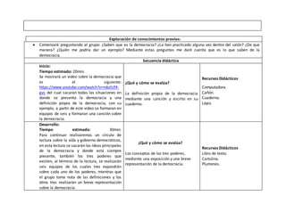 Exploración de conocimientos previos:
 Comenzaré preguntando al grupo: ¿Saben que es la democracia? ¿La han practicado alguna vez dentro del salón? ¿De que
manera? ¿Quién me podría dar un ejemplo? Mediante estas preguntas me daré cuenta que es lo que saben de la
democracia.
Secuencia didáctica
Inicio:
Tiempo estimado: 20min.
Se mostrará un video sobre la democracia que
es el siguiente:
https://www.youtube.com/watch?v=mbzlUf4-
gvs del cual sacaran todas las situaciones en
donde se presenta la democracia y una
definición propia de la democracia, con su
ejemplo, a partir de este video se formaran en
equipos de seis y formaran una canción sobre
la democracia.
¿Qué y cómo se evalúa?
La definición propia de la democracia
mediante una canción y escrito en su
cuaderno.
Recursos Didácticos
Computadora.
Cañón.
Cuaderno.
Lápiz.
Desarrollo:
Tiempo estimado: 30min.
Para continuar realizaremos un círculo de
lectura sobre la vida y gobierno democráticos,
en esta lectura se sacarán las ideas principales
de la democracia y donde está siempre
presente, también los tres poderes que
existen, al término de la lectura, se realizarán
seis equipos de los cuales tres expondrán
sobre cada uno de los poderes, mientras que
el grupo toma nota de las definiciones y los
otros tres realizarán un breve representación
sobre la democracia.
¿Qué y cómo se evalúa?
Los conceptos de los tres poderes,
mediante una exposición y una breve
representación de la democracia.
Recursos Didácticos
Libro de texto.
Cartulina.
Plumones.
 