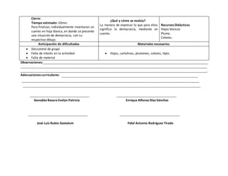 Cierre:
Tiempo estimado: 10min.
Para finalizar, individualmente inventaran un
cuento en hoja blanca, en donde se presente
una situación de democracia, con su
respectivo dibujo.
¿Qué y cómo se evalúa?
La manera de expresar lo que para ellos
significa la democracia, mediante un
cuento.
Recursos Didácticos
Hojas blancas
Pluma.
Colores.
Anticipación de dificultades Materiales necesarios
 Descontrol de grupo
 Falta de interés en la actividad
 Falta de material
 Hojas, cartulinas, plumones, colores, lápiz.
Observaciones:________________________________________________________________________________________________
____________________________________________________________________________________________________________
____________________________________________________________________________________________________________.
Adecuaciones curriculares:
González Rasura Evelyn Patricia Enrique Alfonso Díaz Sánchez
José Luis Rubio Gastelum Fidel Antonio Rodríguez Tirado
 