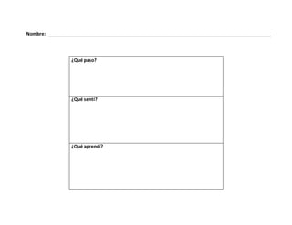 Nombre:
¿Qué paso?
¿Qué sentí?
¿Qué aprendí?
 