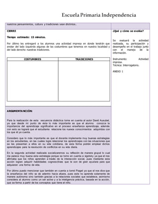 Escuela Primaria Independencia
nuestros pensamientos, cultura y tradiciones sean distintos.
CIERRE
Tiempo estimado: 15 minutos.
Por último les entregaré a los alumnos una actividad impresa en donde tendrán que
anotar del lado izquierdo algunas de las costumbres que tenemos en nuestra localidad y
del lado derecho nuestras tradiciones.
COSTUMBRES TRADICIONES
¿Qué y cómo se evalúa?
Se evaluará la actividad
realizada, su participación y
desempeño en el trabajo junto
con el manejo de la
información.
Instrumento: Actividad
impresa.
Técnica: Interrogatorio.
ANEXO 1
ARGUMENTA NCIÓN:
Para la realización de esta secuencia didáctica tome en cuenta al autor David Ausubel,
ya que desde mi punto de vista lo más importante es que el alumno conozca la
importancia del aprendizaje significativo en el proceso enseñanza aprendizaje, además
con esto se logrará que el estudiante relacione los nuevos conocimientos adquiridos con
los que él ya cuenta.
Considero que lo más importante es que el docente implemente muy buenas estrategias
en los estudiantes, en las cuales logre relacionar los aprendizajes con las situaciones que
se les presentan a ellos en su vida cotidiana, de esta forma podrán emplear dichos
aprendizajes para la resolución de conflictos en su vida diaria.
En la segunda actividad realizada socializaremos su reflexión de manera grupal lo cual
me parece muy buena esta estrategia porque se tomo en cuenta a vigotsky ya que el nos
afirmaba que los niños aprenden a través de la interacción social, pues mediante esta
acción logran adquirir habilidades cognoscitivas que le son de gran ayudara para que
adquieran una forma de vida.
Por último puedo mencionar que también en cuenta a tomé Piaget ya que el nos dice que
la enseñanza del niño va de adentro hacia afuera, pues este no aprende solamente de
manera autónoma sino también gracias a la relaciones sociales que establece, asimismo
considera al alumno como un ser activo y a la inteligencia práctica, basada en la acción,
que se forma a partir de los conceptos que tiene el niño.
 