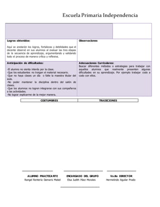 Escuela Primaria Independencia
Logros obtenidos:
Aquí se anotarán los logros, fortalezas y debilidades que el
docente observó en sus alumnos al evaluar las tres etapas
de la secuencia de aprendizaje, argumentando y validando
todo el proceso de manera crítica y reflexiva.
Observaciones
Anticipación de dificultades:
-El alumno no sienta interés por la clase.
-Que los estudiantes no traigan el material necesario.
-Que no haya clases un día o falte la maestra titular del
aula.
-No poder mantener la disciplina dentro del salón de
clases.
-Que los alumnos no logren integrarse con sus compañeros
a las actividades.
-No lograr explicarme de la mejor manera.
Adecuaciones Curriculares:
Buscar diferentes métodos o estrategias para trabajar con
aquellos alumnos que realmente presenten algunas
dificultades en su aprendizaje. Por ejemplo trabajar codo a
codo con ellos.
___________________ ________________________ __________________
ALUMNO PRACTICA NTE ENCARGADO DEL GRUPO Vo.Bo DIRECTOR
Rangel Rentería Damaris Mabel Elsa Judith Páez Morales Hermelindo Aguilar Prado
________________________
COSTUMBRES TRADICIONES
 
