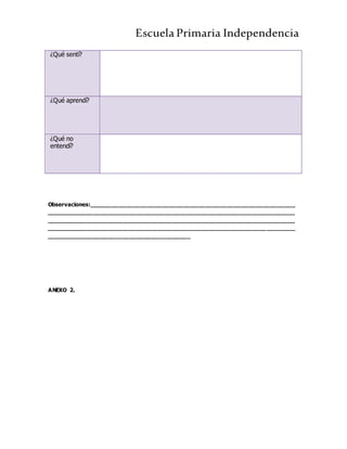 Escuela Primaria Independencia
Observaciones:_________________________________________________________
_____________________________________________________________________
_____________________________________________________________________
_____________________________________________________________________
________________________________________
ANEXO 2.
¿Qué sentí?
¿Qué aprendí?
¿Qué no
entendí?
 