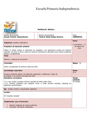 Escuela Primaria Independencia
Planificación didáctica
Nombre de la escuela:
Escuela Primaria Independencia.
Nombre del practicante:
Damaris Mabel Rangel Rentería.
Clave:
25EPR0639K
Asignatura: Desafíos matemáticos
Fecha:
02 de Febrero - 12
de febrero del
2016
Propósitos de educación primaria:
Utilicen el cálculo mental, la estimación de resultados o las operaciones escritas con números
naturales, así como la suma y resta con números fraccionarios y decimales, para resolver problemas
aditivos y multiplicativos.
Tema:
Números y sistemas de numeración
Contenidos:
Orden y comparación de números hasta tres cifras.
Bloque: III
Aprendizajes esperados:
Resuelve problemas aditivos con diferentes significados, modificando el lugar de
la incógnita y con números de hasta dos cifras.
Grado:
2º B
Estándares curriculares:
1.1.1. Lee, escribe y compara números naturales de hasta cuatro cifras.
1.2.1. Resuelve problemas que impliquen sumar o restar números naturales, utilizando los
algoritmos convencionales.
Tiempo
estimado:
70 minutos
Eje: Sentido numérico y pensamiento algebraico
Lección:
28 “¿Cuántas naranjas”
Competencias que se favorecen:
 Resolver problemas de manera autónoma
 Comunicar información matemática
 