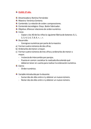 CLASE:2º año.
Dinamizadora: Romina Fernández
Maestra: Verónica Centeno.
Contenido: La relación de orden: comparaciones.
Contenido tecnológico: Etoys. Botón fabricador.
Objetivo: Afianzar relaciones de orden numérico.
Inicio:
- Copiar a las XO de los niños la siguiente fábricade botones: 0, 1,
2, 3, 4, 5, 6, 7, 8, 9, +, -, =.
Desarrollo:
- Consignas numéricas por parte de la maestra:
a) Formar cuatro números de dos cifras.
b) Ordenarlos demenor a mayor.
c) Formar cuatro números de tres cifras y ordenarlos de menor a
mayor.
- Instancia de intercambio por parejas.
- Puesta en común: socializar lo realizado discutiendo qué
debieron tener en cuenta para realizar la ordenación numérica.
Cierre:
- Orden numérico.
Variable introducida por la docente:
- Sumar dos de ellos entre sí y obtener un nuevo número.
- Restar dos de ellos entre si y obtener un nuevo número.
 