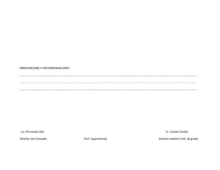 OBSERVACIONES Y RECOMENDACIONES

………………………………………………………………………………………………………………………………………………………………………………………………………………………………

…………………………………………………………………………………………………………………………………………………………………………………………………………………………..….

………………………………………………………………………………………………………………………………………………………………………………………………………………………………




 Lic. Fernando Cáliz                                                    Sr. Cristian Criollo

Director de la Escuela            Prof. Supervisor(a)              Alumno-maestro Prof. de grado
 