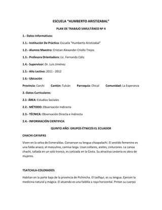ESCUELA “HUMBERTO ARISTIZABAL”
                           PLAN DE TRABAJO SIMULTÁNEO Nº 4

1.- Datos Informativos:

1.1.- Institución De Práctica: Escuela “Humberto Aristizabal”

1.2.- Alumno Maestro: Cristian Alexander Criollo Trejos

1.3.- Profesora Orientadora: Lic. Fernando Cáliz

1.4.- Supervisor: Dr. Luis Jiménez

1.5.- Año Lectivo: 2011 - 2012

1.6.- Ubicación

Provincia: Carchi      Cantón: Tulcán       Parroquia: Chical      Comunidad: La Esperanza

2.-Datos Curriculares:

2.1- ÁREA: Estudios Sociales

2.2.- MÉTODO: Observación Indirecta

2.3.- TÉCNICA: Observación Directa e Indirecta

2.4.- INFORMACIÓN CIENTIFICA:

                       QUINTO AÑO: GRUPOS ÉTNICOS EL ECUADOR

CHACHI-CAYAPAS

Viven en la selva de Esmeraldas. Conservan su lengua chaapalachi. El vestido femenino es
una falda-anaco; el masculino, camisa larga. Usan collares, aretes, cinturones. La canoa
chachi, tallada en un solo tronco, es cotizada en la Costa. Su atractiva cestería es obra de
mujeres.



TSATCHILA-COLORADOS

Habitan en la parte baja de la provincia de Pichincha. El tasfiqui, es su lengua. Ejercen la
medicina natural y mágica. El atuendo es una faldilla a raya horizontal. Pintan su cuerpo
 