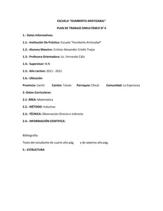 ESCUELA “HUMBERTO ARISTIZABAL”

                            PLAN DE TRABAJO SIMULTÁNEO N° 6

1.- Datos Informativos:

1.1.- Institución De Práctica: Escuela “Humberto Aristizabal”

1.2.- Alumno Maestro: Cristian Alexander Criollo Trejos

1.3.- Profesora Orientadora: Lic. Fernando Cáliz

1.4.- Supervisor: N.N

1.5.- Año Lectivo: 2011 - 2012

1.6.- Ubicación

Provincia: Carchi        Cantón: Tulcán   Parroquia: Chical     Comunidad: La Esperanza

2.-Datos Curriculares:

2.1- ÁREA: Matemática

2.2.- MÉTODO: Inductivo

2.3.- TÉCNICA: Observación Directa e Indirecta

2.4.- INFORMACIÓN CIENTIFICA:



Bibliografía:

Texto del estudiante de cuarto año pág.     y de séptimo año pág.

5.- ESTRUCTURA
 