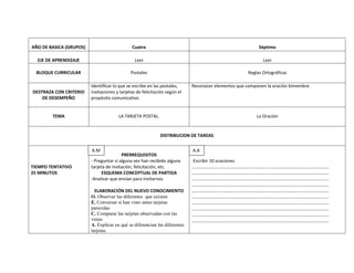 AÑO DE BASICA (GRUPOS)                        Cuatro                                                      Séptimo

  EJE DE APRENDIZAJE                            Leer                                                        Leer

  BLOQUE CURRICULAR                           Postales                                               Reglas Ortográficas

                         Identificar lo que se escribe en las postales,     Reconocer elementos que componen la oración bimembre.
DESTRAZA CON CRITERIO    invitaciones y tarjetas de felicitación según el
    DE DESEMPEÑO         propósito comunicativo.


        TEMA                           LA TARJETA POSTAL.                                                La Oración


                                                             DISTRIBUCION DE TAREAS

                         A.M
                         A.M                                                A.A
                                         PRERREQUISITOS
                         - Preguntar si alguna vez han recibido alguna      -Escribir 10 oraciones
TIEMPO TENTATIVO         tarjeta de invitación, felicitación, etc.          ………………………………………………………………………………………………………….
25 MINUTOS                    ESQUEMA CONCEPTUAL DE PARTIDA                 ………………………………………………………………………………………………………….
                         -Analizar que envían para invitarnos               ………………………………………………………………………………………………………….
                                                                            ………………………………………………………………………………………………………….
                           ELABORACIÓN DEL NUEVO CONOCIMIENTO               ………………………………………………………………………………………………………….
                         O. Observar las diferentes que existen             ………………………………………………………………………………………………………….
                         E. Conversar si han visto antes tarjetas           ………………………………………………………………………………………………………….
                         parecidas                                          ………………………………………………………………………………………………………….
                         C. Comparar las tarjetas observadas con las        ………………………………………………………………………………………………………….
                         vistas                                             ………………………………………………………………………………………………………….
                         A. Explicar en qué se diferencian las diferentes
                         tarjetas.
 