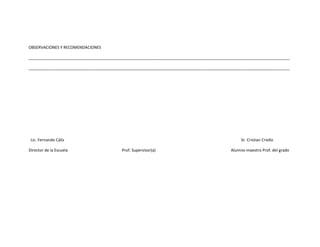 OBSERVACIONES Y RECOMENDACIONES

______________________________________________________________________________________________________________________

______________________________________________________________________________________________________________________




 Lic. Fernando Cáliz                                                                            Sr. Cristian Criollo

Director de la Escuela                    Prof. Supervisor(a)                              Alumno-maestro Prof. del grado
 