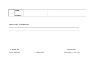 EVALUACIÓN
             TECNICA

             E

             INSTRUMENTO




OBSERVACIONES Y RECOMENDACIONES

………………………………………………………………………………………………………………………………………………………………………………………………………………………………

…………………………………………………………………………………………………………………………………………………………………………………………………………………………..….

………………………………………………………………………………………………………………………………………………………………………………………………………………………………




 Lic. Fernando Cáliz                                                    Sr. Cristian Criollo

Director de la Escuela            Prof. Supervisor(a)              Alumno-maestro Prof. de grado
 