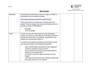 Escuela
Plan de clases
Facultad de Educación
Pedagogía en Educación Básica con Mención.
Desarrollo Para finalizar los estudiantes miraran un video en donde se
profundizara en el concepto de paisaje.
https://www.youtube.com/watch?v=LxgKYT8oDTo
Vídeo general sobre los elementos y características del
paisaje. Tipos de paisaje. Este vídeo está dedicado de forma
general al paisaje. CONTENIDOS:
- El paisaje.
- Tipos de paisaje.
Cierre A modo de cierre de la clase algunos de los estudiantes
pasaran a la pizarra a ubicar algunos personajes, elementos y
características del clima y los paisajes, ubicándolos en los
lugares que correspondan.(anexo 4 )
A medida que se realiza la actividad y para finalizar la clase
que orienta el trabajo con las siguientes preguntas:
- ¿Qué características encontramos en las imágenes?
- ¿Podemos identificar el tipo de clima?
- ¿Qué características tienen los personajes según el
paisaje al que corresponden?
- ¿Qué pasa si ponemos algún personaje en la otra
imagen?
- ¿Qué aspectos tendríamos que cambiarle al personaje
para poder ubicarlo en otro paisaje?
 