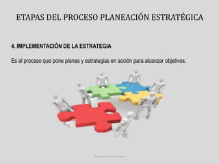 ETAPAS DEL PROCESO PLANEACIÓN ESTRATÉGICA 
4. IMPLEMENTACIÓN DE LA ESTRATEGIA 
Es el proceso que pone planes y estrategias en acción para alcanzar objetivos. 
Diana Carolina Porras Parra 
 