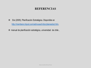 REFERENCIAS 
 S/a (2005); Planificación Estratégica. Disponible en 
http://members.tripod.com/admusach/doc/planestrat.htm, 
 manual de planificación estratégica, universidad de chile , 
Diana Carolina Porras Parra 

