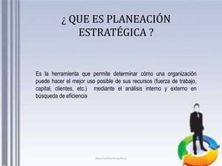 ¿ QUE ES PLANEACIÓN 
ESTRATÉGICA ? 
Es la herramienta que permite determinar cómo una organización 
puede hacer el mejor uso posible de sus recursos (fuerza de trabajo, 
capital, clientes, etc.) mediante el análisis interno y externo en 
búsqueda de eficiencia 
Diana Carolina Porras Parra 
 