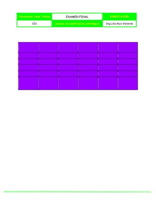 Universidad Cesar Vallejo EXAMEN FINAL COMPUTACIÓN
CIS proceso de planificación estratégica Ing.Lidia Ruiz Valverde
 