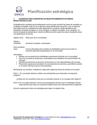 Planificación estratégica
Ψ    EJERCICIO PARA CONVERTIR UN OBJETIVO INMEDIATO EN ÁREAS
RESULTANTES CLAVE

Probablemente necesites aproximadamente una hora para convertir las áreas de resultado en
el objetivo inmediato. Esto no es un ejercicio sobre planificación de acción, sino un ejercicio
para determinar los resultados de cada organización o proyecto. Estás decidiendo qué
resultados necesitas conseguir si no se consigue un objetivo inmediato. Si es necesario, te
damos el siguiente ejemplo para mostrar la diferencia entre aclarar las áreas resultantes clave
y la planificación de acción.

Objetivo final:   Reducción de la criminalidad

Objetivo
inmediato:        Aumentar el empleo / autoempleo.

Área resultante
clave:          Cursos informales para enseñar las habilidades para las que existe un
                mercado altamente especializado en la comunidad.

Actividades:
        Realiza una encuesta de las habilidades actualmente ofrecidas en la comunidad.
        Haz una encuesta de empresas y necesidades para establecer las oportunidades de
        mercado.
        Identifica proveedores de servicios de formación en tres especialidades del mercado.
        Proporciona apoyo para actualizar a los proveedores de servicios y permitirles enseñar
        en el sector informal y de las microempresas.

Necesitarás una cartulina, rotuladores y algo para colgar las fichas de cartulina en la pared.

Paso 1: En una sesión plenaria, pídele a los participantes que respondan a la siguiente
pregunta:

    ¿Cuáles son los resultados clave que se necesitan alcanzar si se consigue este objetivo?

Paso 2: En una sesión plenaria, haz que los participantes revisen que la «estrategia vertical»
       tenga sentido (que haya una suposición legítima para que cada paso lleve al siguiente.

Ahora la organización tiene una estrategia para lograr su objetivo final.




Herramienta de planificación estratégica por Janet Shapiro (e-mail: nellshap@hixnet.co.za)        42
Traductora: Leticia Rubí. Web: www.iespana.es/traduc
 