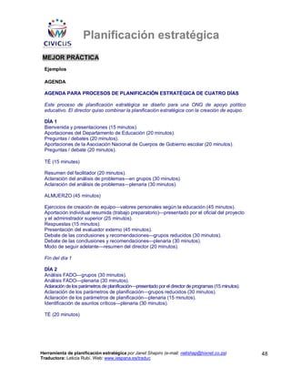 Planificación estratégica
MEJOR PRÁCTICA
 Ejemplos

 AGENDA

 AGENDA PARA PROCESOS DE PLANIFICACIÓN ESTRATÉGICA DE CUATRO DÍAS

 Este proceso de planificación estratégica se diseño para una ONG de apoyo político
 educativo. El director quiso combinar la planificación estratégica con la creación de equipo.

 DÍA 1
 Bienvenida y presentaciones (15 minutos).
 Aportaciones del Departamento de Educación (20 minutos).
 Preguntas / debates (20 minutos).
 Aportaciones de la Asociación Nacional de Cuerpos de Gobierno escolar (20 minutos).
 Preguntas / debate (20 minutos).

 TÉ (15 minutes)

 Resumen del facilitador (20 minutos).
 Aclaración del análisis de problemas—en grupos (30 minutos).
 Aclaración del análisis de problemas—plenaria (30 minutos).

 ALMUERZO (45 minutos)

 Ejercicios de creación de equipo—valores personales según la educación (45 minutos).
 Aportación individual resumida (trabajo preparatorio)—presentado por el oficial del proyecto
 y el administrador superior (25 minutos).
 Respuestas (15 minutos).
 Presentación del evaluador externo (45 minutos).
 Debate de las conclusiones y recomendaciones—grupos reducidos (30 minutos).
 Debate de las conclusiones y recomendaciones—plenaria (30 minutos).
 Modo de seguir adelante—resumen del director (20 minutos).

 Fin del día 1

 DÍA 2
 Análisis FADO—grupos (30 minutos).
 Análisis FADO—plenaria (30 minutos).
 Aclaración de los parámetros de planificación—presentado por el director de programas (15 minutos).
 Aclaración de los parámetros de planificación—grupos reducidos (30 minutos).
 Aclaración de los parámetros de planificación—plenaria (15 minutos).
 Identificación de asuntos críticos—plenaria (30 minutos).

 TÉ (20 minutos)




Herramienta de planificación estratégica por Janet Shapiro (e-mail: nellshap@hixnet.co.za)             48
Traductora: Leticia Rubí. Web: www.iespana.es/traduc
 