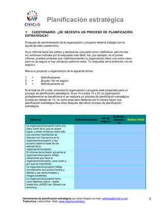 Planificación estratégica
 Ψ CUESTIONARIO: ¿SE NECESITA UN PROCESO DE PLANIFICACIÓN
 ESTRATÉGICA?

 El equipo de administración de la organización o proyecto debería trabajar con la
 ayuda de este cuestionario.

 Si un informe tiene dos partes y declararías una parte como «definitiva» pero la otra
 no, entonces inclínate por la respuesta más débil. Así, por ejemplo, en el primer
 informe, puedes contestar que «definitivamente» tu organización tiene una visión clara,
 pero no es seguro si hay consenso sobre la visión. Tu respuesta sería entonces «no es
 seguro».

 Marca tu proyecto u organización de la siguiente forma:

 1     =        Definitivamente
 2     =        Quizás / No es seguro
 3     =        Definitivamente no

 Si el total es 20 o más, entonces la organización o proyecto está preparado para un
 proceso de planificación estratégica. Si es 15 o entre 15 y 20, la organización
 probablemente se beneficiaría si se realizara un proceso de planificación estratégica.
 Si está por debajo de 15, no corre prisa pero deberías por lo menos hacer una
 planificación estratégica tres años después del último proceso de planificación
 estratégica.


                                                                             Definitiv
                                                                   No es
     Informe                                Definitivamente                  amente RESULTADO
                                                                  seguro
                                                                               no
   La organización/proyecto tiene una
   clara visión de lo que se quiere
   lograr y existe consenso sobre ello.
   Los asuntos importantes se
   discuten con frecuencia en la
   organización/proyecto y hay
   acuerdo sobre la base de los
   valores de la
   organización/proyecto.
   El informe de la misión actual de la
   organización/proyecto refleja
   claramente que hace la
   organización/proyecto, para quién y
   por qué es importante.
   La organización/proyecto refleja
   normalmente sus puntos fuertes y
   débiles y las oportunidades y
   riesgos existentes.
   La organización/proyecto tiene
   unos objetivos claros —estas
   metas son LASER (ver Glosario de
   términos)



Herramienta de planificación estratégica por Janet Shapiro (e-mail: nellshap@hixnet.co.za)      5
Traductora: Leticia Rubí. Web: www.iespana.es/traduc
 