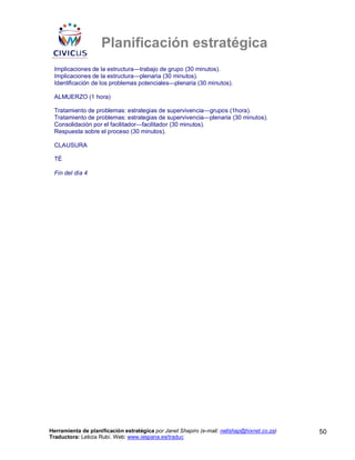 Planificación estratégica
 Implicaciones de la estructura—trabajo de grupo (30 minutos).
 Implicaciones de la estructura—plenaria (30 minutos).
 Identificación de los problemas potenciales—plenaria (30 minutos).

 ALMUERZO (1 hora)

 Tratamiento de problemas: estrategias de supervivencia—grupos (1hora).
 Tratamiento de problemas: estrategias de supervivencia—plenaria (30 minutos).
 Consolidación por el facilitador—facilitador (30 minutos).
 Respuesta sobre el proceso (30 minutos).

 CLAUSURA

 TÉ

 Fin del día 4




Herramienta de planificación estratégica por Janet Shapiro (e-mail: nellshap@hixnet.co.za)   50
Traductora: Leticia Rubí. Web: www.iespana.es/traduc
 