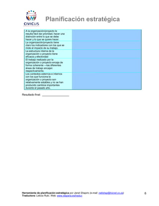 Planificación estratégica
   A la organización/proyecto le
   resulta fácil dar prioridad, hacer una
   distinción entre lo que se debe
   hacer y lo que se quiere hacer.
   La organización/proyecto tiene
   claro los indicadores con los que se
   mide el impacto de su trabajo.
   La estructura interna de la
   organización o proyecto tiene
   eficacia y efectividad
   El trabajo realizado por la
   organización o proyecto encaja de
   forma coherente —las diferentes
   áreas de trabajo encajan
   respectivamente.
   Los contextos externos e internos
   con los que funciona la
   organización o proyecto son
   relativamente estables y no se han
   producido cambios importantes
   durante el pasado año.

Resultado final: __________________




Herramienta de planificación estratégica por Janet Shapiro (e-mail: nellshap@hixnet.co.za)   6
Traductora: Leticia Rubí. Web: www.iespana.es/traduc
 