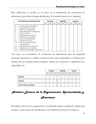Planificación Estratégica en Salud
Esta calificación se escribe en su orden en el instrumento de recolección de
información que defina el grupo planificador. Un modelo puede ser el siguiente:
Así como esta herramienta de recolección de información para la capacidad
gerencial organizativa, se deben construir tantas como capacidades se definan para
trabajar. En un hospital pueden trabajarse además de la gerencia y organizativa, las
capacidades de:
Análisis Externo de la Organización: Oportunidades y
Amenazas
El análisis externo de la organización se ha llamado análisis ambiental y análisis del
entorno, como manera de introducirnos en la auditoría externa de la empresa.
17
 