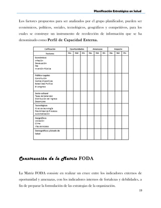 Planificación Estratégica en Salud
Los factores propuestos para ser analizados por el grupo planificador, pueden ser
económicos, políticos, sociales, tecnológicos, geográficos y competitivos, para los
cuales se construye un instrumento de recolección de información que se ha
denominado como Perfil de Capacidad Externa.
Construcción de la Matriz FODA
La Matriz FODA consiste en realizar un cruce entre los indicadores externos de
oportunidad y amenazas, con los indicadores internos de fortalezas y debilidades, a
fin de preparar la formulación de las estrategias de la organización.
19
 