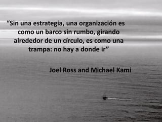 “Sin una estrategia, una organización es
como un barco sin rumbo, girando
alrededor de un círculo, es como una
trampa: no hay a donde ir”
Joel Ross and Michael Kami
 