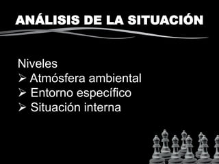 ANÁLISIS DE LA SITUACIÓN
Niveles
 Atmósfera ambiental
 Entorno específico
 Situación interna
 