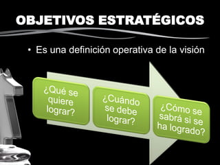 OBJETIVOS ESTRATÉGICOS
• Es una definición operativa de la visión
 