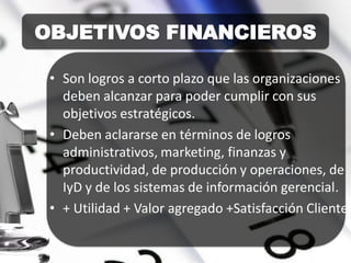 OBJETIVOS FINANCIEROS
• Son logros a corto plazo que las organizaciones
deben alcanzar para poder cumplir con sus
objetivos estratégicos.
• Deben aclararse en términos de logros
administrativos, marketing, finanzas y
productividad, de producción y operaciones, de
IyD y de los sistemas de información gerencial.
• + Utilidad + Valor agregado +Satisfacción Cliente
 