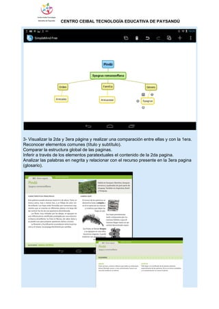                  ​CENTRO CEIBAL TECNOLOGÍA EDUCATIVA DE PAYSANDÚ   
 
 
3­ Visualizar la 2da y 3era página y realizar una comparación entre ellas y con la 1era. 
Reconocer elementos comunes (título y subtítulo). 
Comparar la estructura global de las paginas. 
Inferir a través de los elementos paratextuales el contenido de la 2da pagina. 
Analizar las palabras en negrita y relacionar con el recurso presente en la 3era pagina 
(glosario). 
 
 