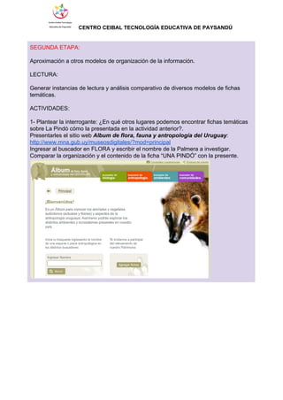                  ​CENTRO CEIBAL TECNOLOGÍA EDUCATIVA DE PAYSANDÚ   
 
SEGUNDA ETAPA:  
 
Aproximación a otros modelos de organización de la información. 
 
LECTURA:   
 
Generar instancias de lectura y análisis comparativo de diversos modelos de fichas 
temáticas. 
 
ACTIVIDADES: 
 
1­ Plantear la interrogante: ¿En qué otros lugares podemos encontrar fichas temáticas 
sobre La Pindó cómo la presentada en la actividad anterior?. 
Presentarles el sitio web ​Album de flora, fauna y antropología del Uruguay​: 
http://www.mna.gub.uy/museosdigitales/?mod=principal 
Ingresar al buscador en FLORA y escribir el nombre de la Palmera a investigar. 
Comparar la organización y el contenido de la ficha “UNA PINDÓ” con la presente. 
 
 