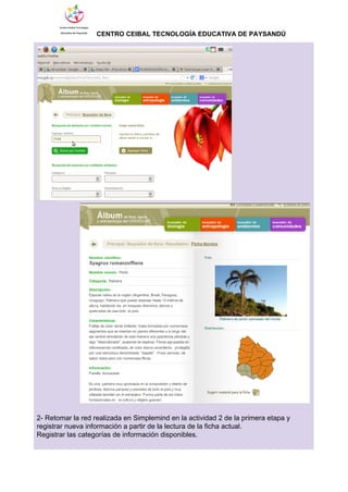                  ​CENTRO CEIBAL TECNOLOGÍA EDUCATIVA DE PAYSANDÚ   
 
 
 
2­ Retomar la red realizada en Simplemind en la actividad 2 de la primera etapa y  
registrar nueva información a partir de la lectura de la ficha actual. 
Registrar las categorías de información disponibles. 
 
 