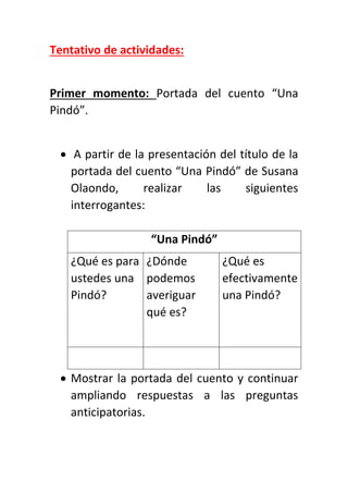 Tentativo de actividades:
Primer momento: Portada del cuento “Una
Pindó”.
 A partir de la presentación del título de la
portada del cuento “Una Pindó” de Susana
Olaondo, realizar las siguientes
interrogantes:
“Una Pindó”
¿Qué es para
ustedes una
Pindó?
¿Dónde
podemos
averiguar
qué es?
¿Qué es
efectivamente
una Pindó?
 Mostrar la portada del cuento y continuar
ampliando respuestas a las preguntas
anticipatorias.
 