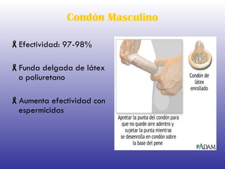 Condón Masculino Efectividad: 97-98% Funda delgada de látex o poliuretano Aumenta efectividad con espermicidas 