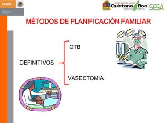 MÉTODOS DE PLANIFICACIÓN FAMILIARHormonales Inyectables Mensuales: Estrógenos y progestinaEfectividad del 99%Consumo MensualMismo díaHormonales Inyectables Bimensuales: ProgestinaEfectividad del 99%Consumo BimensualMismo día