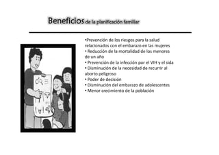 Beneficios de la planificación familiar

               •Prevención de los riesgos para la salud
               relacionados con el embarazo en las mujeres
               • Reducción de la mortalidad de los menores
               de un año
               • Prevención de la infección por el VIH y el sida
               • Disminución de la necesidad de recurrir al
               aborto peligroso
               • Poder de decisión
               • Disminución del embarazo de adolescentes
               • Menor crecimiento de la población
 