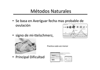 Métodos Naturales
• Se basa en Averiguar fecha mas probable de
  ovulación

• signo de mi-ttelschmerz,

                         Practica cada vez menor




• Principal Dificultad
 