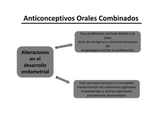 Anticonceptivos Orales Combinados
                Fase proliferativa acortada debido a las
                                  bajas
               dosis de estrógenos y comienzo temprano
                                   del
                 progestágeno (inhibe la proliferación)
Alteraciones
    en el
 desarrollo
endometrial
                 Fase secretoria temprana e incompleta
               transformación del endometrio (glándulas
                  endometriales y arterias espiraladas
                       parcialmente desarrolladas)
 