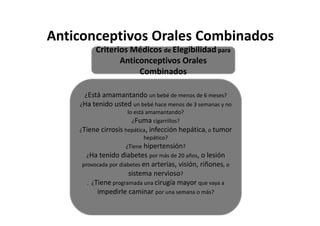 Anticonceptivos Orales Combinados
           Criterios Médicos de Elegibilidad para
                  Anticonceptivos Orales
                       Combinados

     ¿Está amamantando un bebé de menos de 6 meses?
    ¿Ha tenido usted un bebé hace menos de 3 semanas y no
                   lo está amamantando?
                     ¿Fuma cigarrillos?
    ¿Tiene cirrosis hepática, infección hepática, o tumor
                           hepático?
                    ¿Tiene hipertensión?
      ¿Ha tenido diabetes por más de 20 años, o lesión
     provocada por diabetes en arterias,visión, riñones, o
                       sistema nervioso?
      .   ¿Tiene programada una cirugía mayor que vaya a
            impedirle caminar por una semana o más?
 